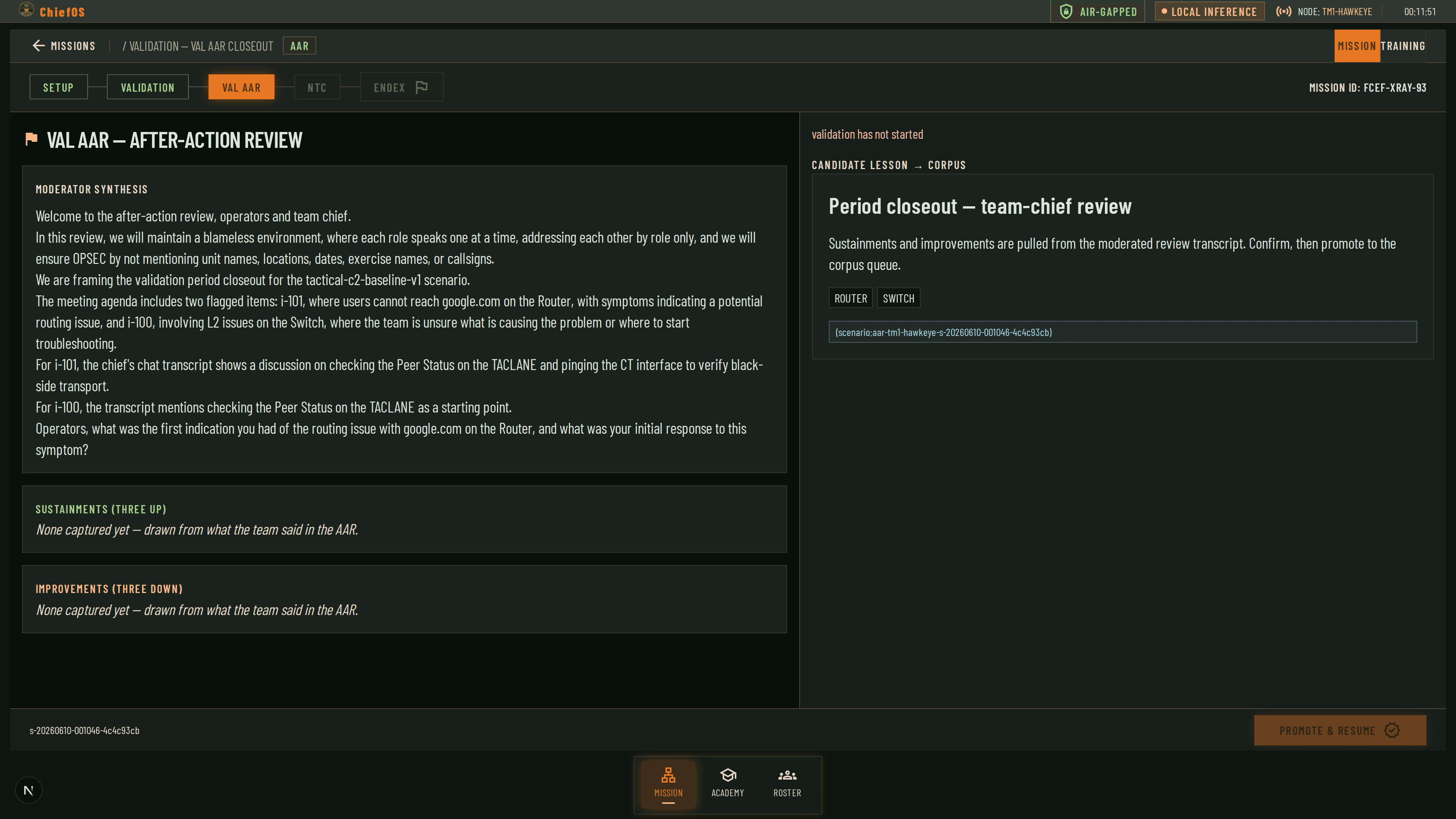 After-action review closeout with persisted issue log
