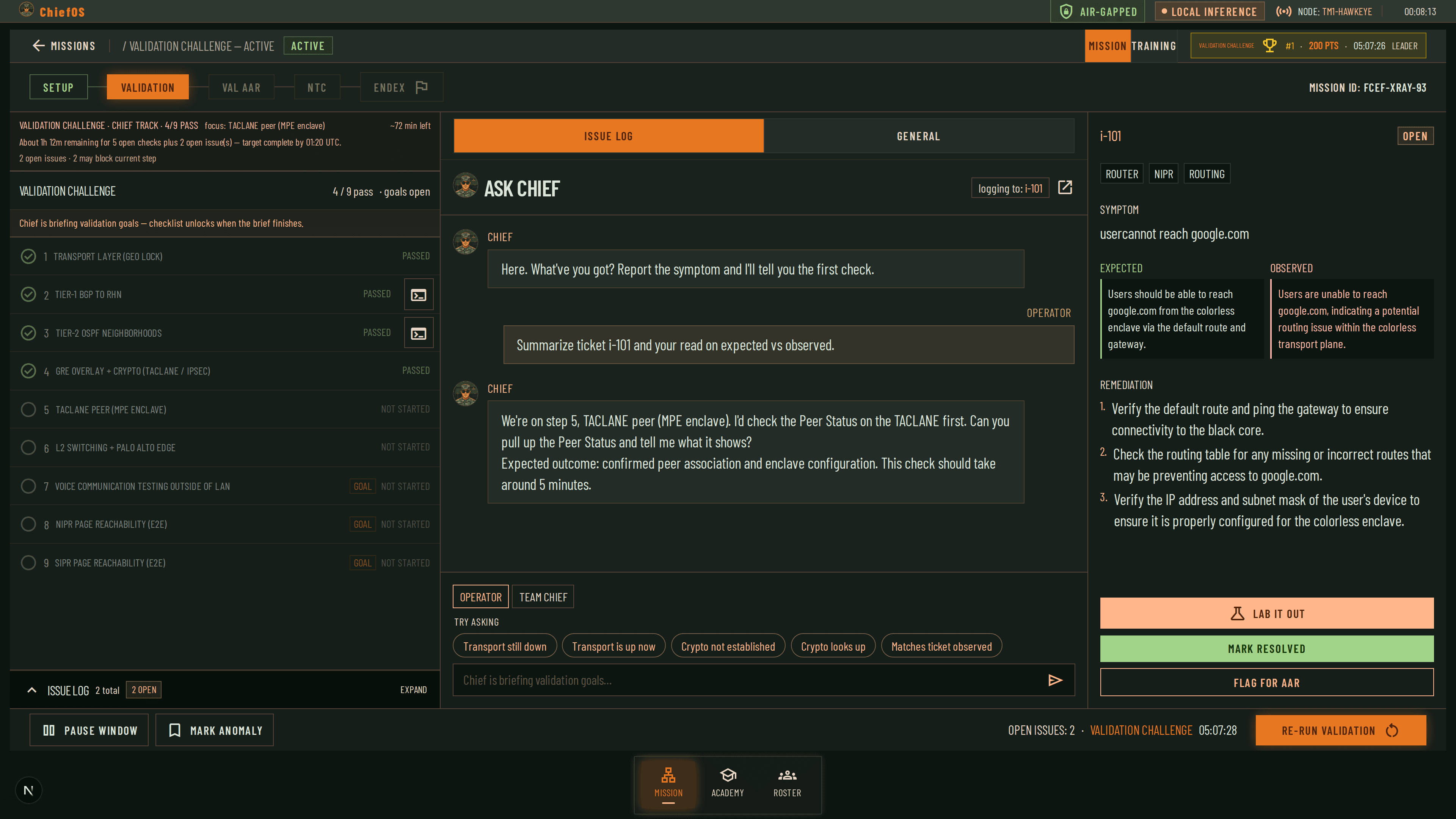 ChiefOS mission dashboard with active issues and shift schedule